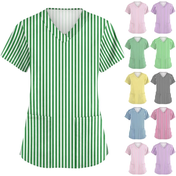 Hearthz Striped Scrub Top Women V Neck Short Sleeve Nurse Uniform with Pocket S-5XL Plus Size Womens Scrubs Tops