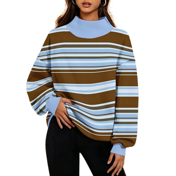 Hearthz Striped Soft Sweatshirts for Women Mock Neck Thermal Contrast Collar Oversized Long Sleeve Pullover Tops Streetwear Y2k Fall Winter Womens Lightweight Sweater
