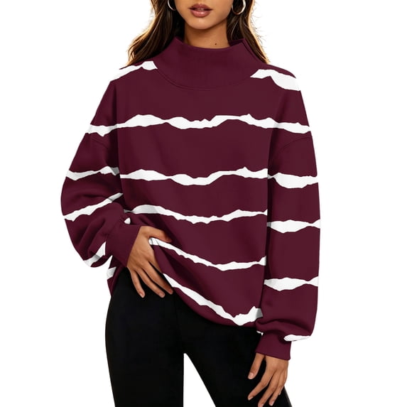 Hearthz Striped Women Sweatshirt Mock Neck Thermal Contrast Collar Oversized Long Sleeve Pullover Tops Streetwear Y2k Fall Winter Pullover Sweaters for Women