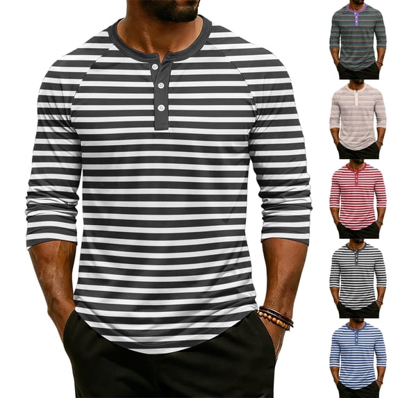 Hearthz Summer Henley Shirts for Men Striped Raglan 3/4 Sleeve Jersey Baseball T-Shirts Sport Athletic Big and Tall Cotton T Shirts for Men