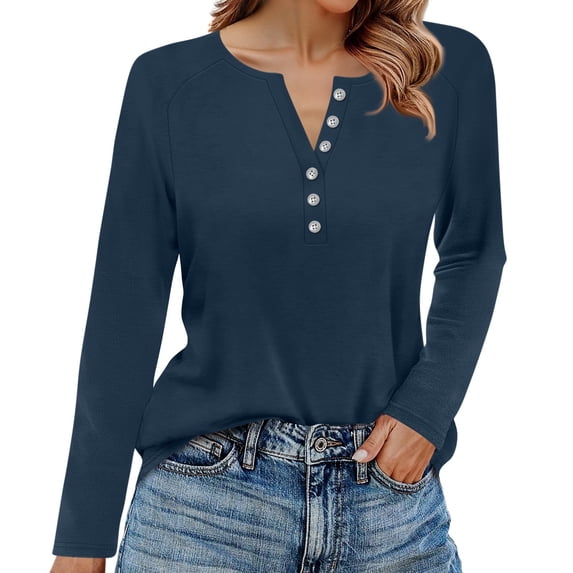 Hearthz Summer Long Sleeve Tops for Women Fall V Neck Cotton Shirts for Women Henley Button Down Womens Button Down Blouse