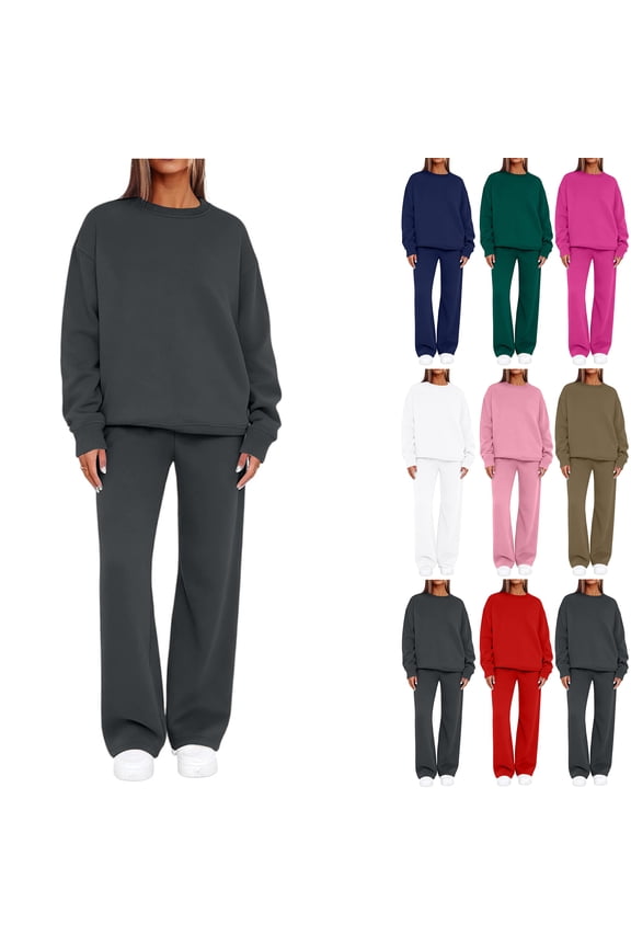 Sweat Outfits for Women 2 Pieces Drawstring Crew Neck Sweatshirt and Joggers Set Fall Winter Womens Matching Sweat Set Pink XL