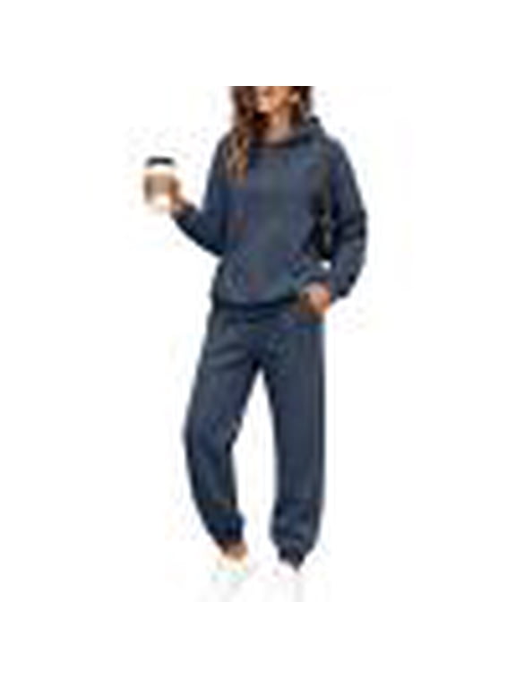 Sweat Sets for Women 2 Piece Fleece Lined Hoodie Jogger Pants Set Winter Warm Athletic Workout Oversized Womens Sweat Set Navy S