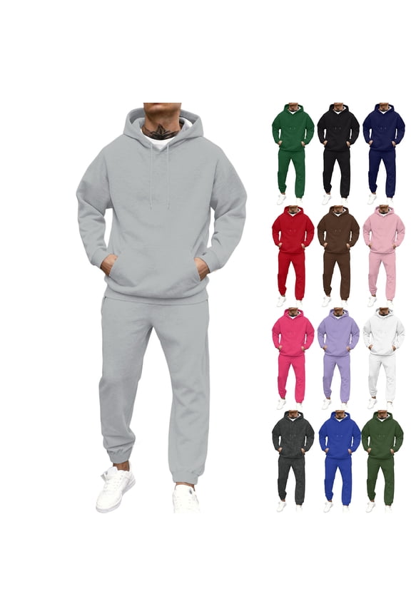 Sweat Suits for Men 2 Piece Winter Fleece Hoodies and Cargo Sweatpants Set Drawstring Elastic Waisted Straight Leg Sweatsuit Outfits with Kangaroo Pocket
