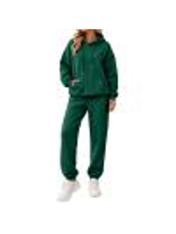 Sweat Suits for Womens 2 Piece Fleece Lined Hoodie Outfit Set Winter Warm Athletic Workout Oversized Matching Sweat Sets for Women Dark Green XXL