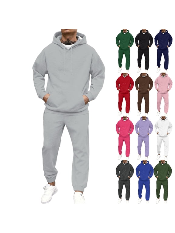 Sweat Suits for Men 2 Piece Winter Fleece Hoodies and Cargo Sweatpants Set Drawstring Elastic Waisted Straight Leg Mens Sweat Set with Pocket