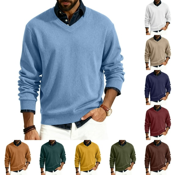 Hearthz Sweater Dress for Men Lightweight V Neck Men's Sweatshirt Knitted Pullover Casual Fashion Long Sleeve Yellow Man Sweater