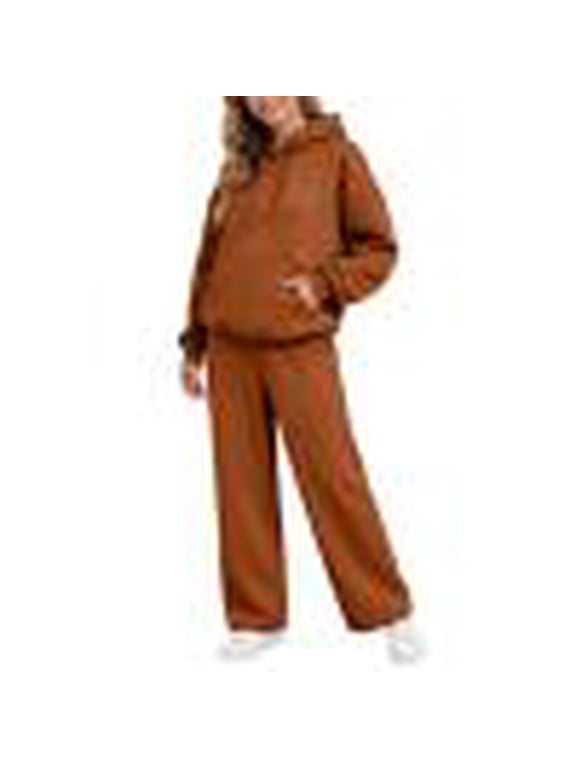 Sweatsets Women 2 Piece Outfit Fleece Lined Hoodie with Wide Leg Sweatpants Winter Warm Athletic Workout Oversized Sweat Sets Women Brown M