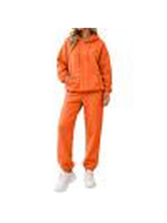 Sweatsuit Women 2 Piece Outfits Fleece Lined Hoodie with Cuffed Jogger Sweatpants Winter Warm Athletic Workout Oversized Womens Sweatsuit Orange M