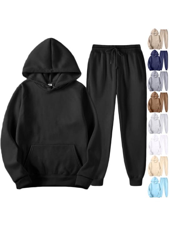 Sweatsuits Men 2 Piece Outfit Drawstring Fleece Jogging Suit Hooded Set Fall Winter Big and Tall Sweatsuit for Men Black XL