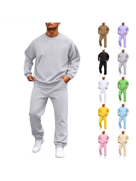 Sweatsuits for Men 2 Piece Tracksuit Solid Color Long Sleeve Crew Neck Oversized Sweatshirt Jogger Sweatpants Athletic Mens Sweatsuits 2 Piece Set Khaki L