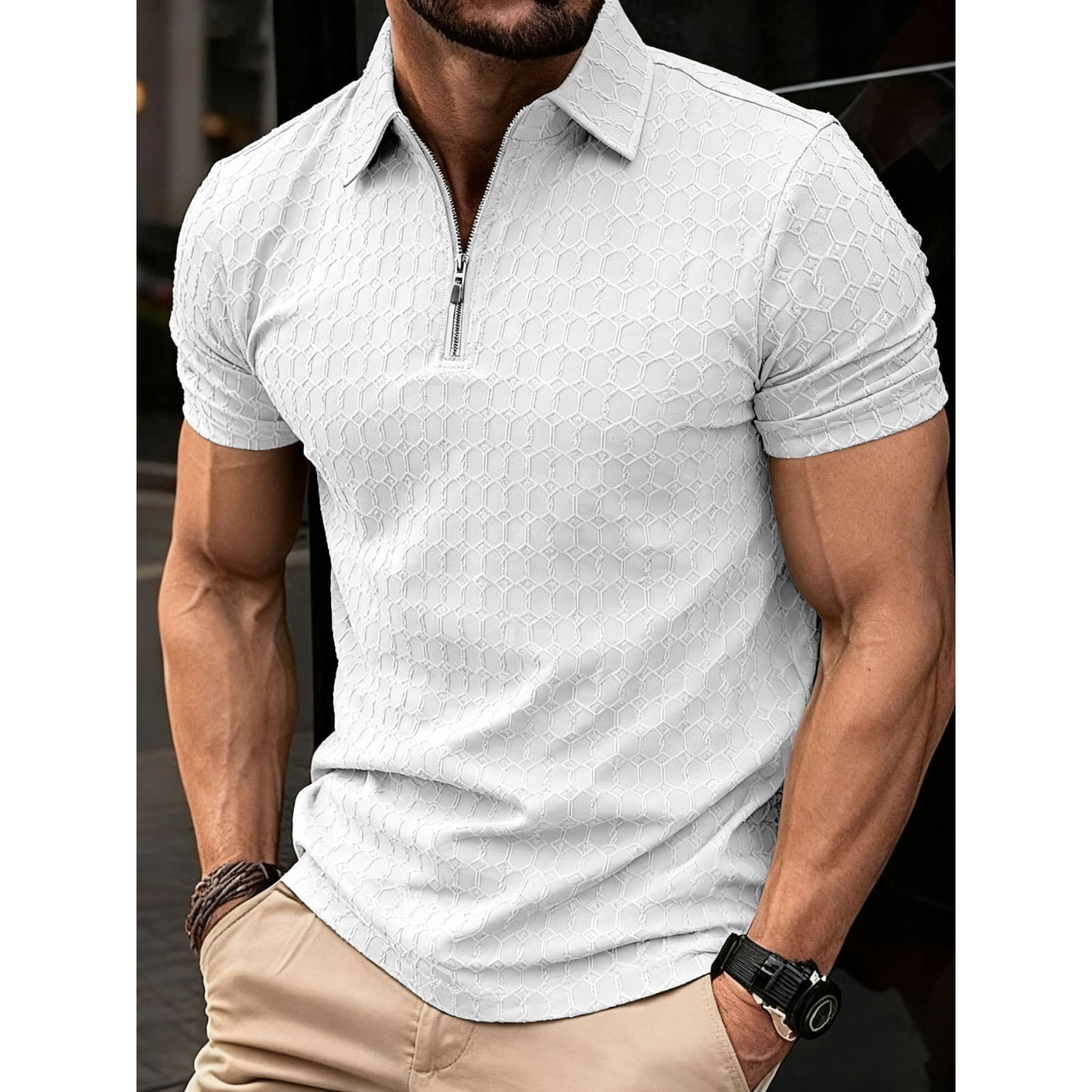 Hearthz Textured Knit Men Polo Shirts Quarter Zip Men Shirts Short ...