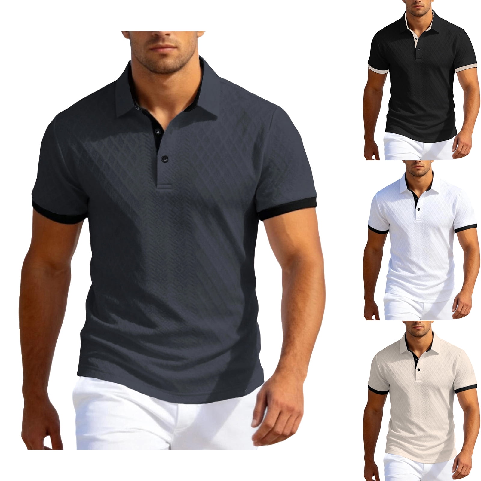 Hearthz Textured Knit Men's Polo Shirt Button Mens Short Sleeve Shirts ...