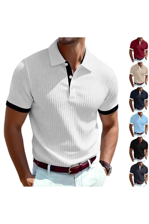 Textured Knit Polo Shirt for Men Button Shirts for Men Short Sleeve Collared Casual Work T Shirts Wine XXL