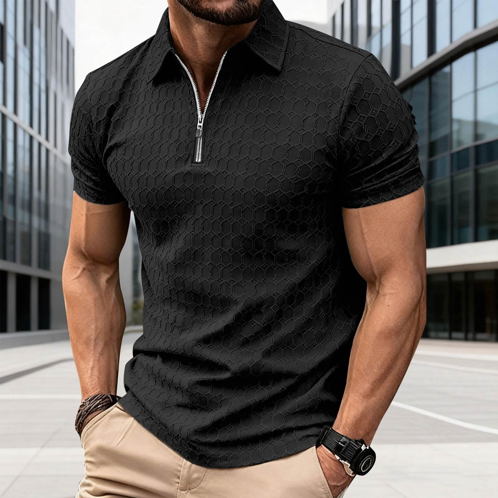 Hearthz Textured Knit Polo Shirts Men Quarter Zip Mens Short Sleeve ...