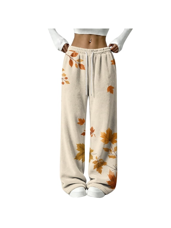 Thanksgiving Fleece Lounge Pants Women Fall Maple Leaf Print Wide Leg Pj Bottoms for Women Elastic Drawstring High Waist Sleeping Pants Women Women's Fuzzy Plush Pajama Pants