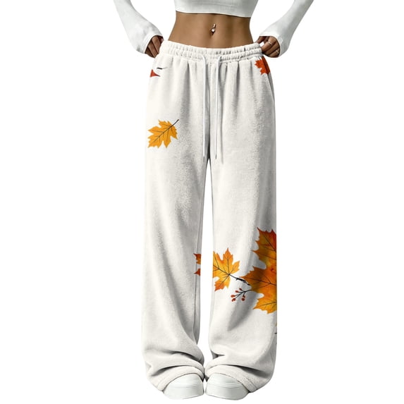 Hearthz Thanksgiving Fleece Pajama Pants Fall Maple Leaf Print Wide Leg Pj Bottoms for Women Elastic Drawstring High Waist Sleeping Pants Women Womens Plush Pajama Pants
