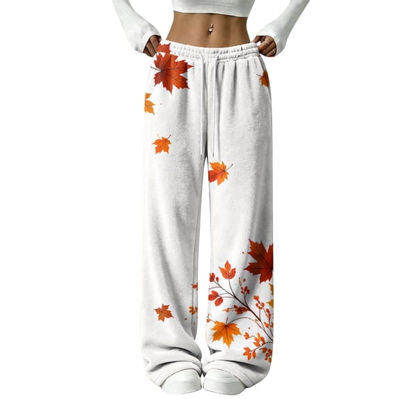 Hearthz Thanksgiving Fleece Pajama Pants Women Fall Maple Leaf Print Wide Leg Pajama Pants Women Elastic Drawstring High Waist Sleeping Pants Women Flannel Pajamas
