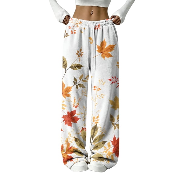 Hearthz Thanksgiving Fleece Pajama Pants Women Fall Maple Leaf Print Wide Leg Womens Pj Pants Elastic Drawstring High Waist Sleeping Pants Women Womens Fluffy Pajama Pants