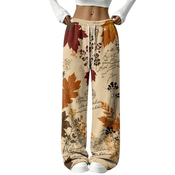 Hearthz Thanksgiving Women's Fleece Pants Fall Maple Leaf Print Wide Leg Pajama Pants Women Elastic Drawstring High Waist Sleeping Pants Women Women's Fuzzy Plush Pajama Pants