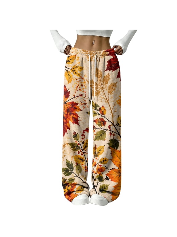 Thanksgiving Women's Fleece Pants Fall Maple Leaf Print Wide Leg Pj Bottoms for Women Elastic Drawstring High Waist Sleeping Pants Women Flannel Pj Pants