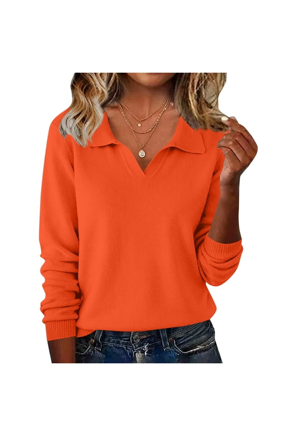 V Neck Sweater Women Ribbed Basic Collared Women's Long Sleeve Shirts Knit Spring Winter Lightweight Womens Blouses