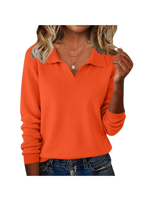 V-Neck Sweaters for Women Ribbed Basic Collared Women Long Sleeve Tops Knit Spring Winter Lightweight Blouses for Women