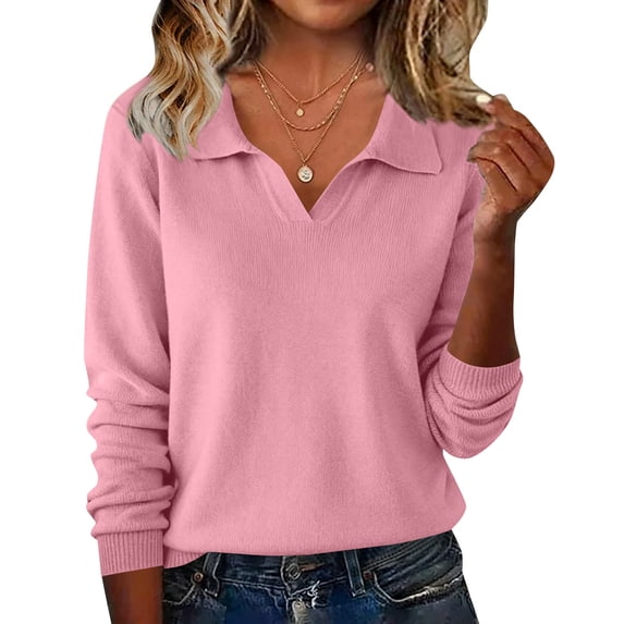 Hearthz V-Neck Sweaters for Women Ribbed Basic Collared Women Long Sleeve Tops Knit Spring Winter Lightweight Tops for Women