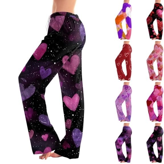 Hearthz Valentine Pajama Pants for Women Love Heart Print Pajamas Pants for Women Drawstring Wide Leg Soft Lounge Pants Women