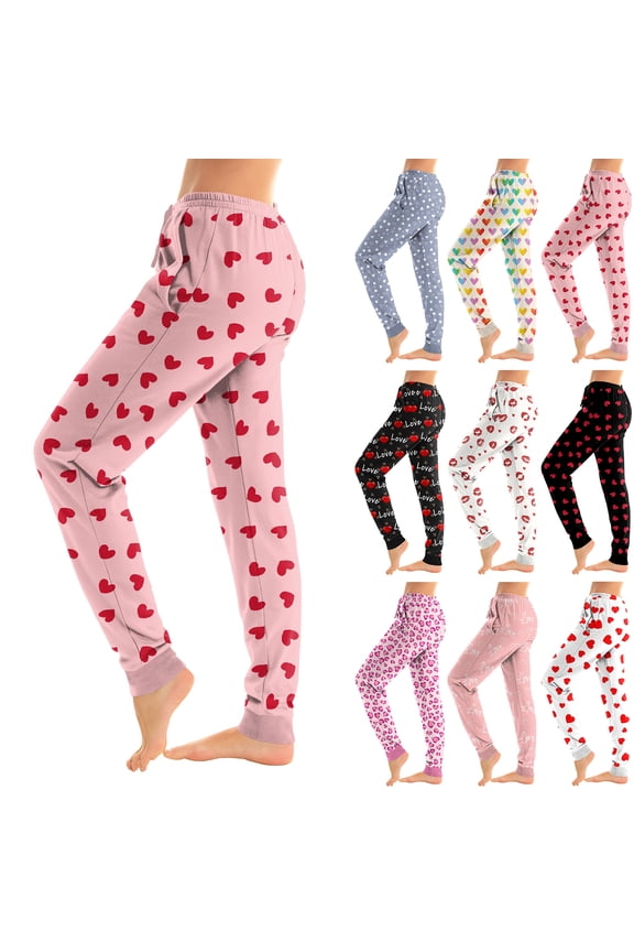 Valentine's Day Heart Print Pajama Pants Women Drawstring Elastic Cuffs Womens Pj Bottoms Winter Soft Lightweight Women's Sleep Pants with Pocket