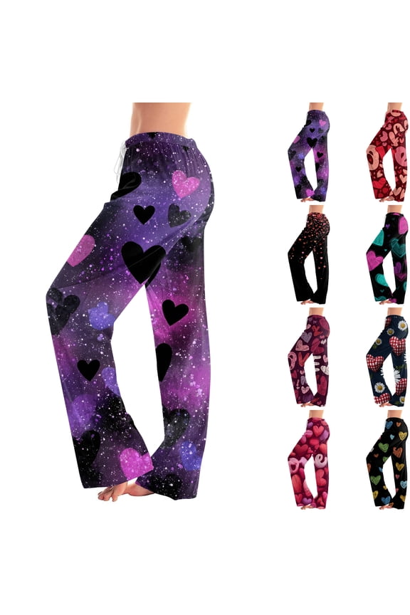 Valentines Day Pajama Pants Women Love Heart Print Womens Pajama Pants Drawstring Wide Leg Lounge Pants Women
