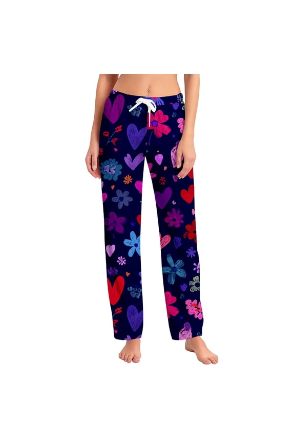 Valentines Day Pajamas Pants Heart Print Heart Pajama Bottoms Spring Summer Drawstring Wide Leg Woman Lounge Pants