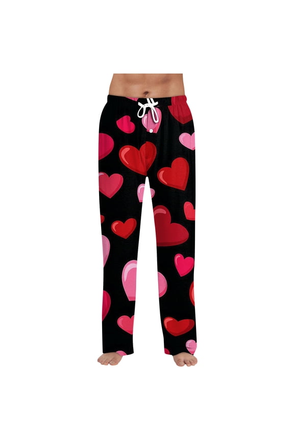 Valentines Day Pj Pants Men Men Sleep Pants Heart Graphic Drawstring Straight Leg Mens Lounging Pants with Pocket