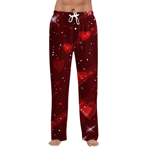 Hearthz Valentines Day Pj Pants Men Men Sleep Pants Heart Graphic Drawstring Wide Leg Men’s Lounge Pants with Pocket