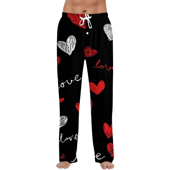 Hearthz Valentines Day Pj Pants Men Mens Sleeping Pants Heart Print Drawstring Wide Leg Lounge Pants Men with Pocket