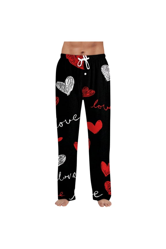 Valentines Day Pj Pants Men Mens Sleeping Pants Heart Print Drawstring Wide Leg Lounge Pants Men with Pocket