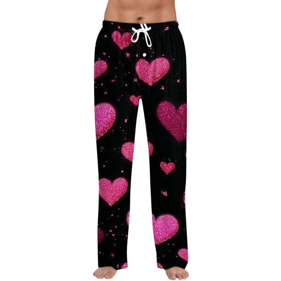 Hearthz Valentines Day Pj Pants Men Sleep Pants for Men Heart Print Drawstring Straight Leg Lounge Pants for Men with Pocket