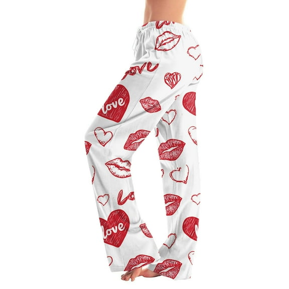 Hearthz Valentines Pajama Pants for Women Love Heart Graphic Women’s Pajama Pants Drawstring Wide Leg Holidays Sleep Pants for Women
