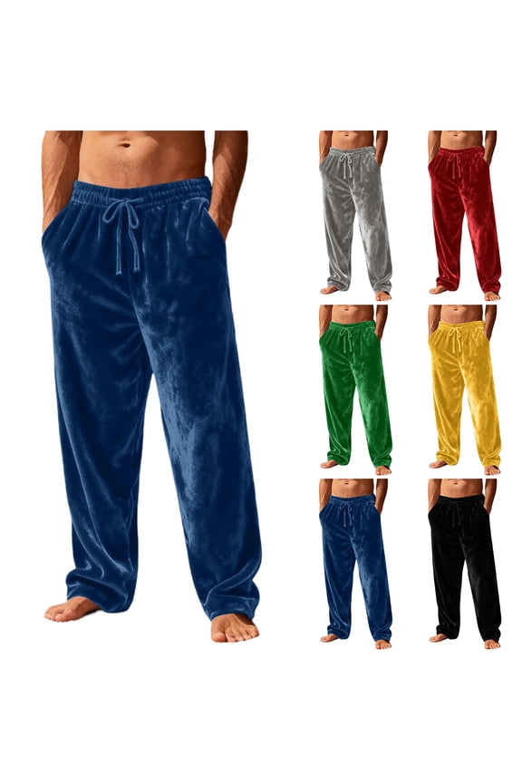 Velour Fleece Pajama Pants Men Wide Leg Drawstring Men's Pajama Bottoms with Pocket Winter Warm Sleep Pants for Men Big and Tall