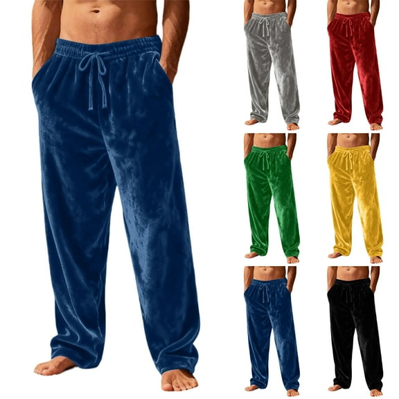Hearthz Velour Mens Pajama Pants Wide Leg Drawstring Pijama Pants Men with Pocket Winter Warm Men Sleep Pants