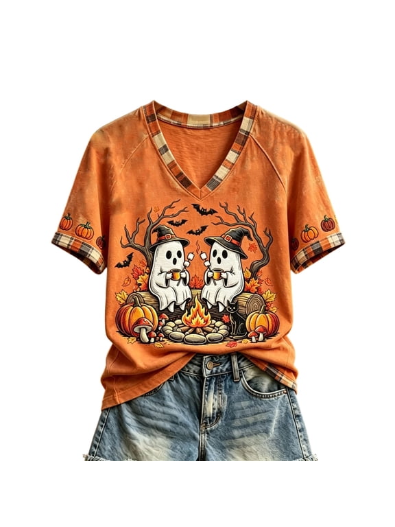Vintage Pumpkin Embroidery Ghost Print Shirts for Women Raglan Short Sleeve Crew Shirts for Women Fall Holiday Womens Tops