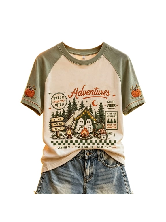 Vintage Pumpkin Embroidery Ghost Print Shirts for Women Raglan Short Sleeve Women Crew Neck T Shirt Fall Holiday Womens Top