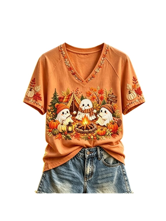 Vintage Pumpkin Embroidery Ghost Print T Shirts for Women Raglan Short Sleeve Crew Shirts for Women Fall Holiday Womens Top