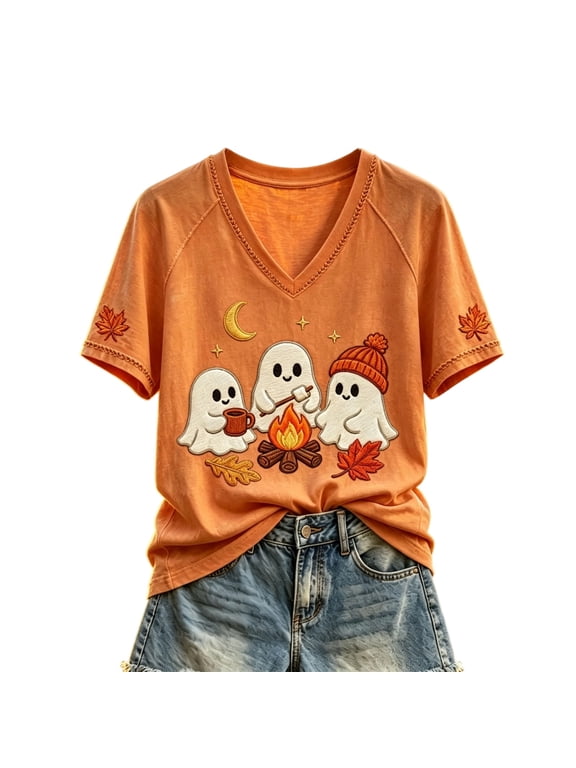 Vintage Pumpkin Embroidery Ghost Print Womens Graphic T Shirts Raglan Short Sleeve Crewneck Tshirt Women Fall Holiday Women Top