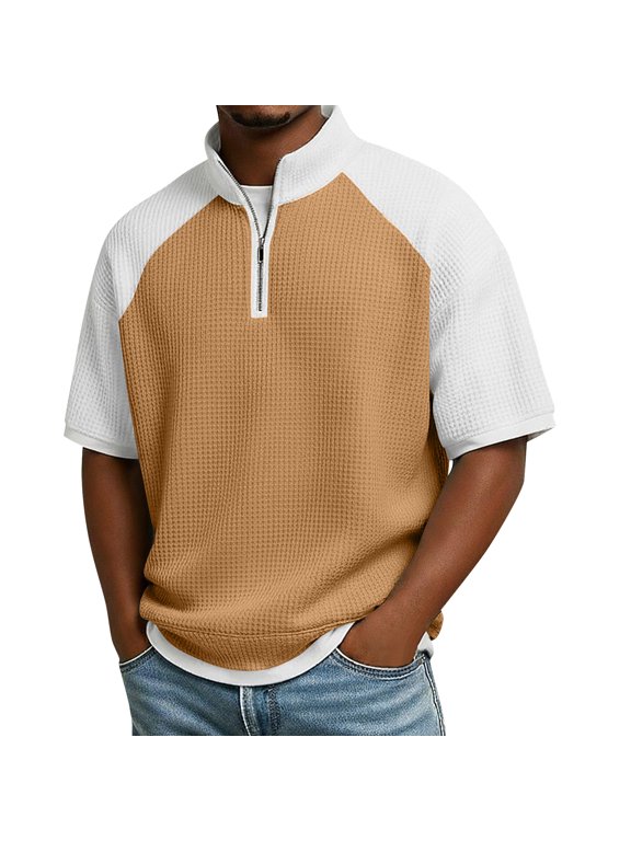 Waffle Half Zip Pullover Men Patchwork Raglan Short Sleeve Shirt Men Lightweight Gym Basketball Basketball Jersey Light Brown XXXL