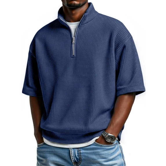 Hearthz Waffle Half Zip Pullover Men Stand Collar Mens Short Sleeve Shirt Lightweight Running Gym Basketball Jersey Navy XXXL