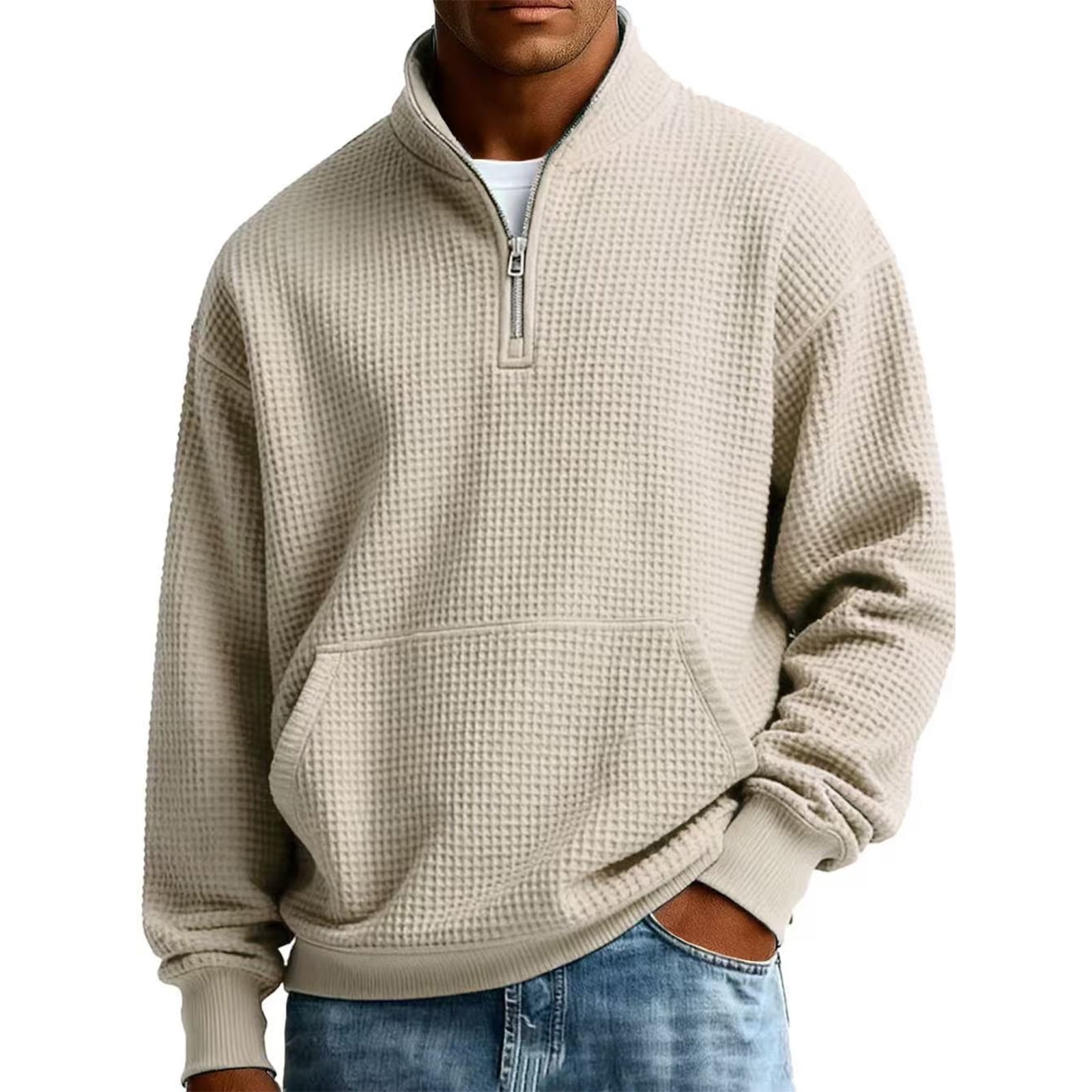 Hearthz Waffle Knit Men's Quarter Zip Sweater Mock Neck Long Sleeve Men ...