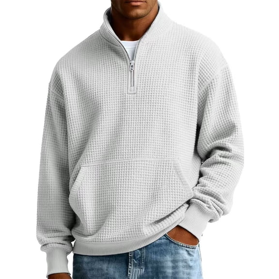 Hearthz Waffle Knit Mens Quarter Zip Sweater Mock Neck Long Sleeve Men's Sweatshirt Spring Winter Men Tops with Kangaroo Pocket