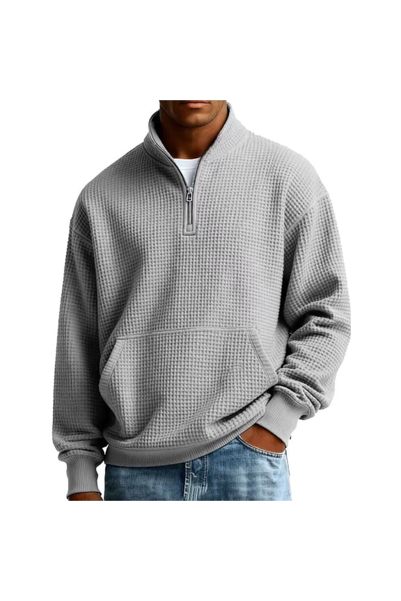 Waffle Knit Quarter Zip Sweaters for Men Mock Neck Long Sleeve Mens Sweatshirt Spring Winter Men Pullover with Kangaroo Pocket