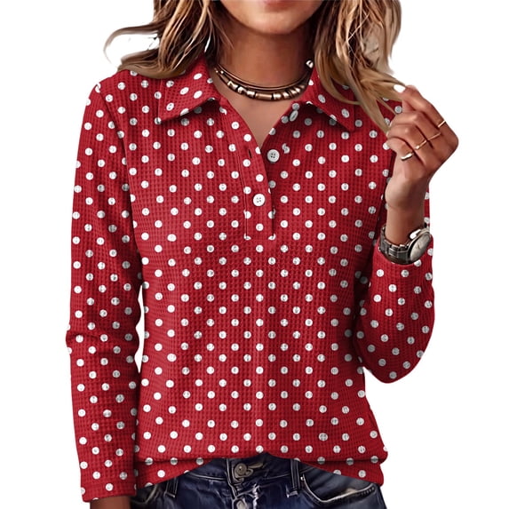 Hearthz Waffle Knit Womens Polo Shirts Polka Dot Henley Shirts for Women Button V Neck Long Sleeve Uniform Tops for Women Relaxed Fit Office Daily Womens Shirts